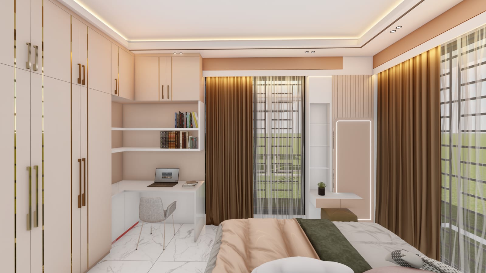 Bedroom with integrated study desk, bookshelves and blush fitted wardrobes