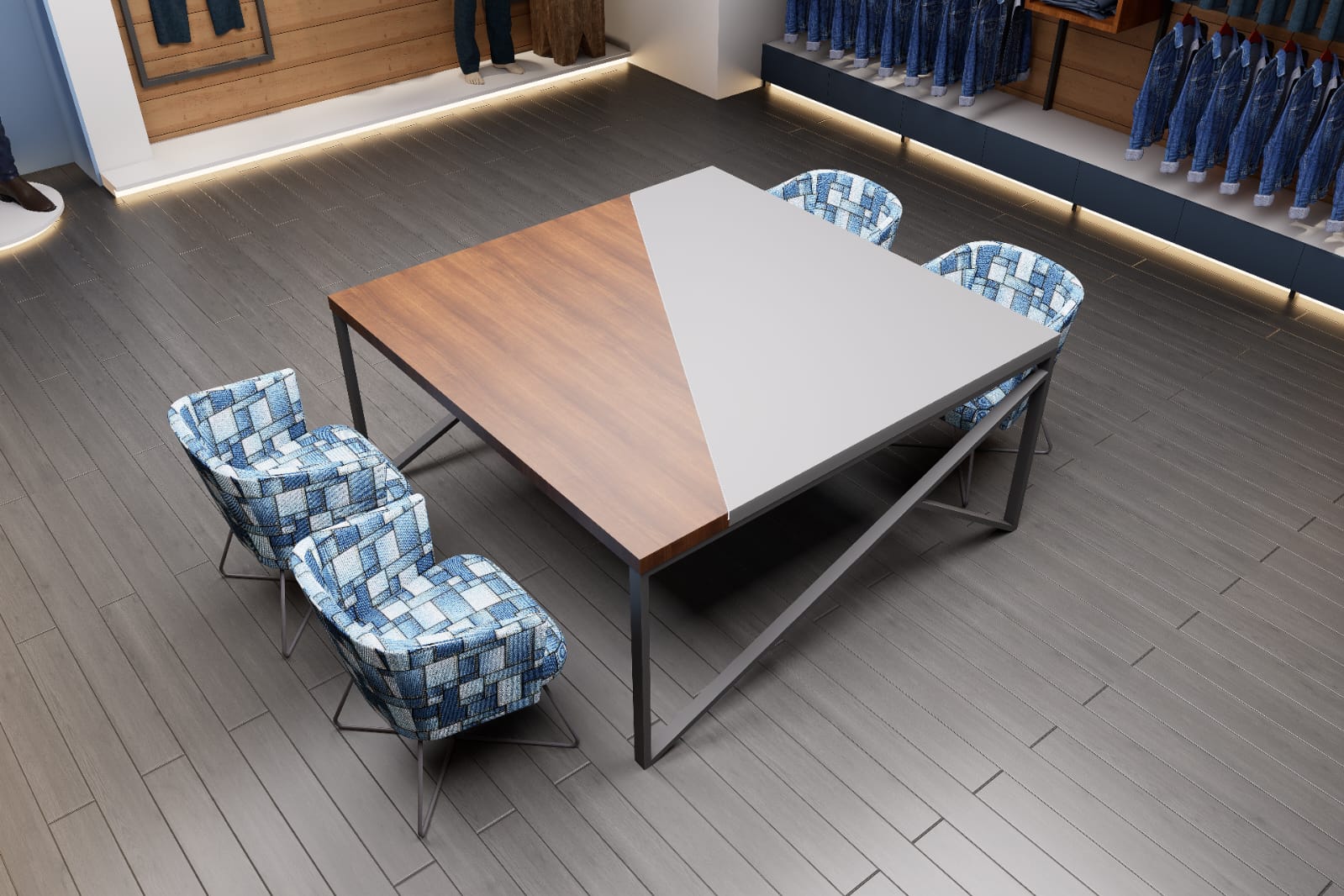 Commercial retail store interior with feature table and patterned seating