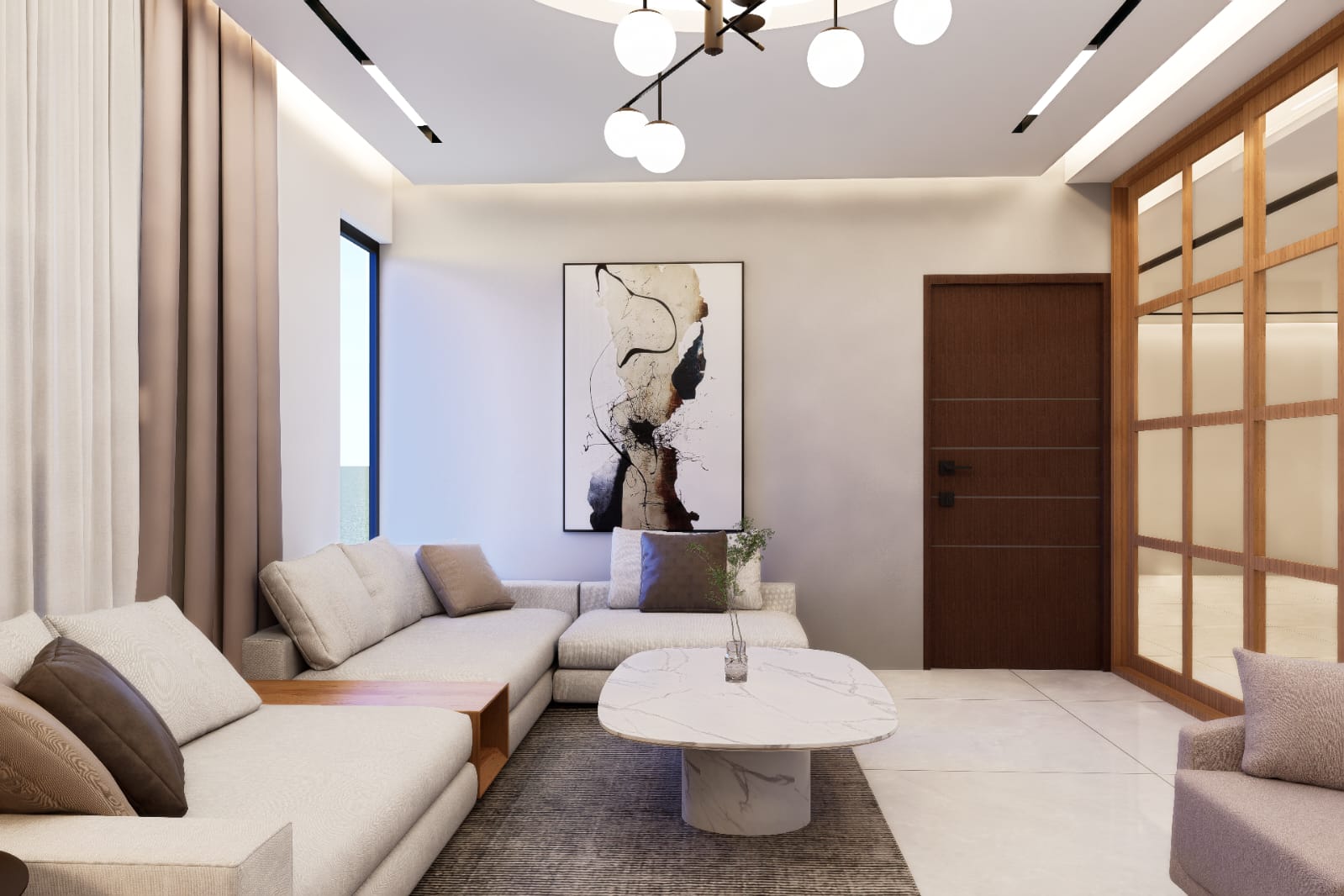 Contemporary lounge with sectional sofa, abstract art and globe chandelier
