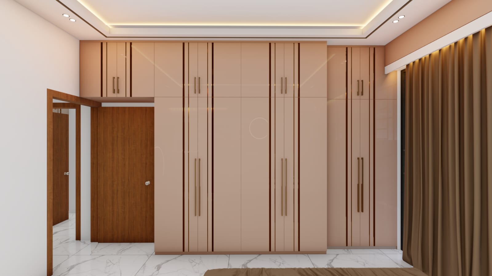 Custom fitted wardrobes in glossy blush finish with slim gold handles
