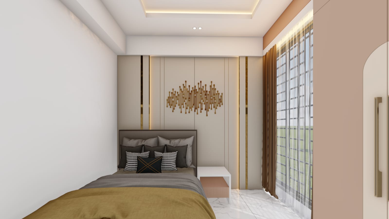 Elegant bedroom with metallic wall art and gold accent panelling