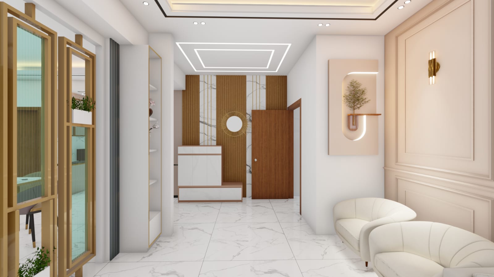 Welcoming studio entry lounge with accent seating and feature panelling — Suad Architects