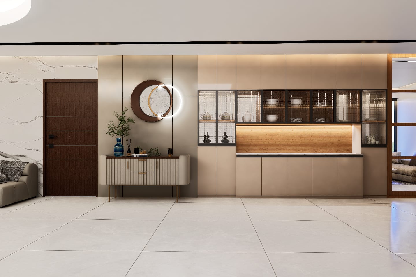 Foyer with crockery display cabinet, fluted console and round accent mirror
