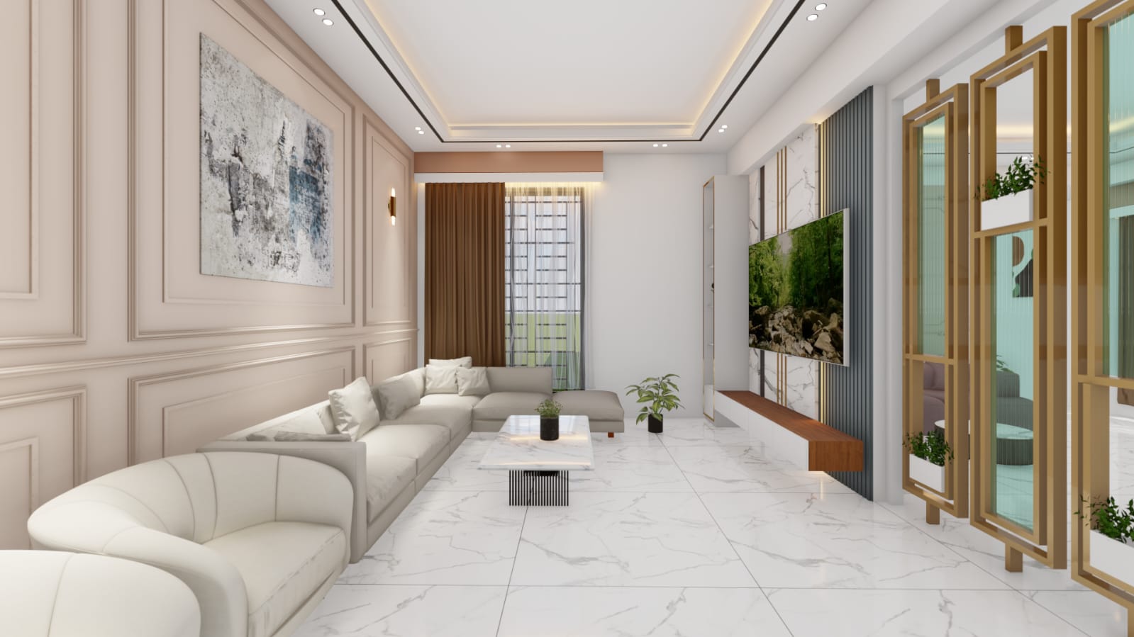 Elegant living room with marble feature wall and bespoke media unit by Suad Architects