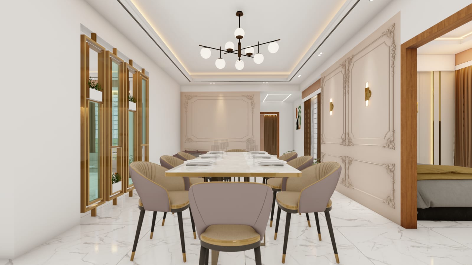 Luxury dining room with marble table and classic wall mouldings designed by Suad Architects