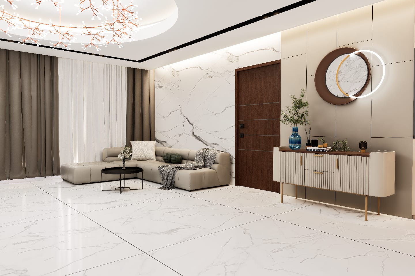 Luxury living room with marble feature wall and sculptural chandelier