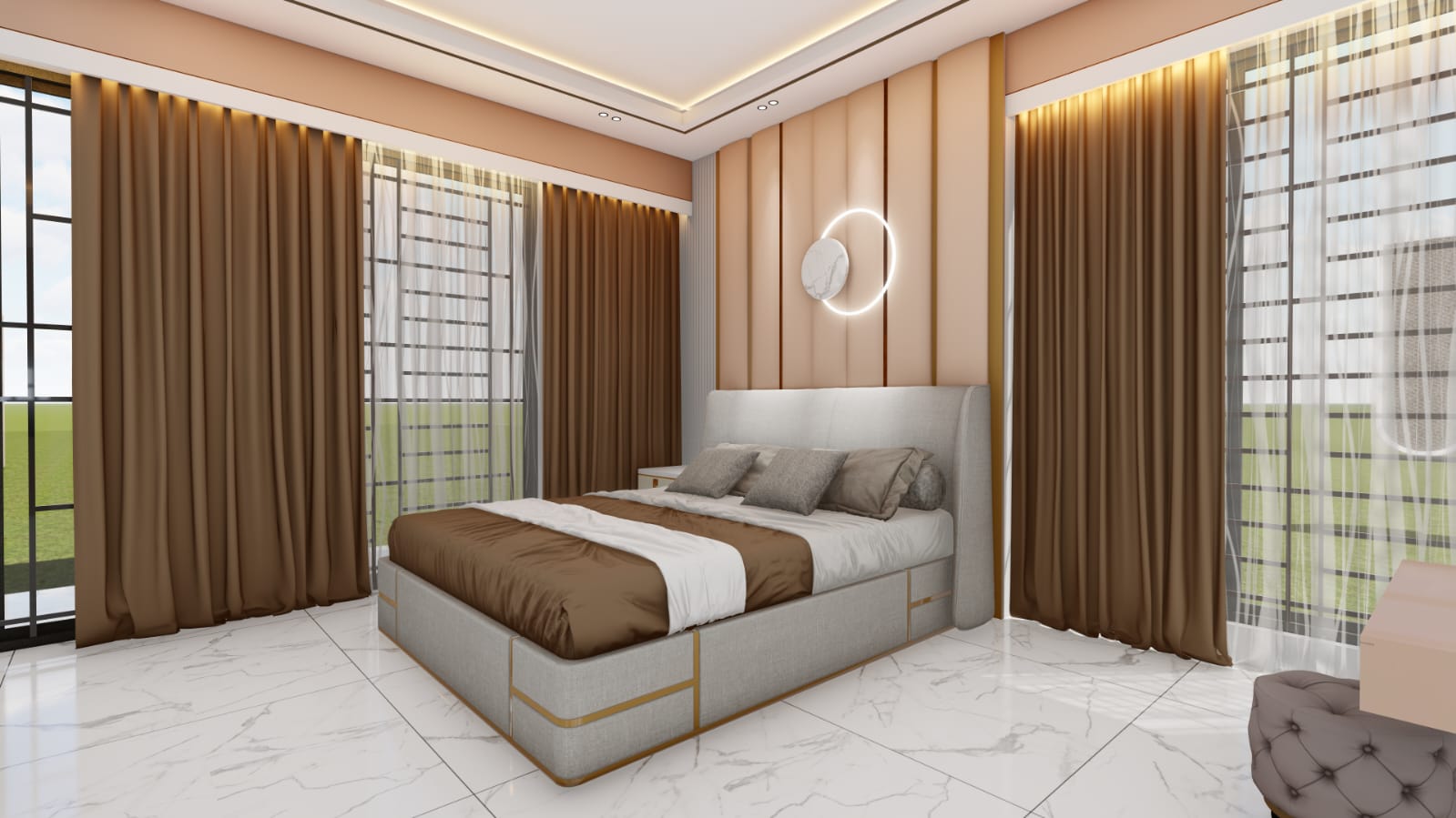 Master bedroom suite with upholstered bed and warm accent lighting