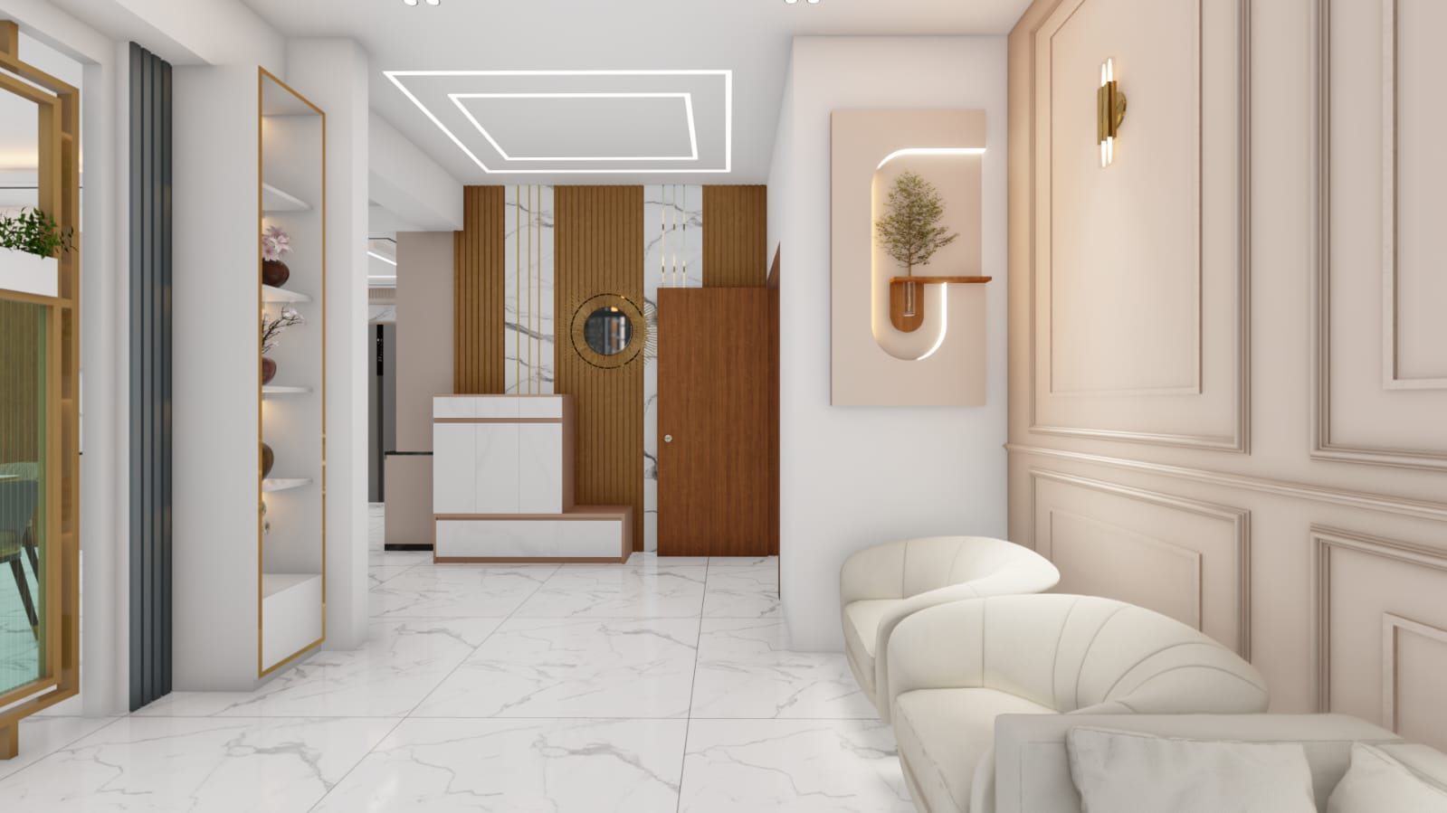 Refined reception hallway with display shelving and accent seating